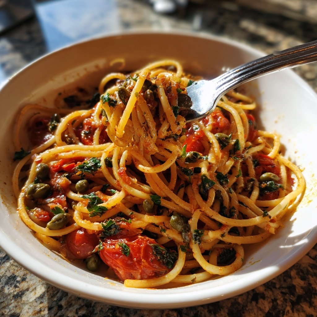 Spaghetti mit Kapern und Tomaten